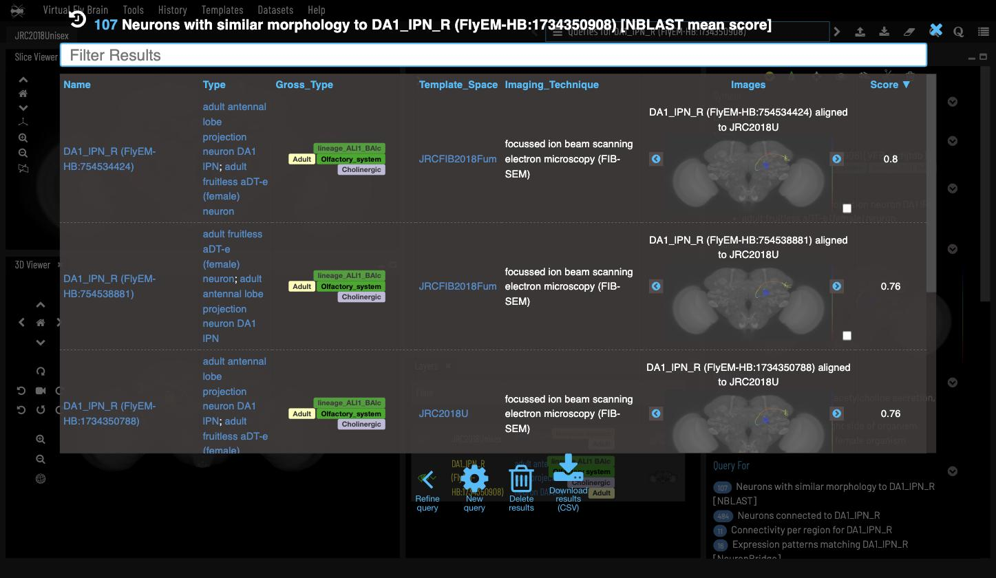 NBLAST neighbours of DA1_lPN_R sorted by score